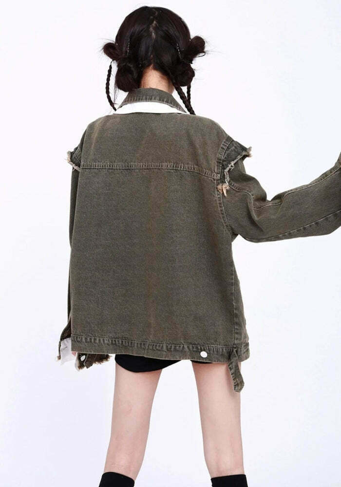 Y2K Grunge Oversized Denim Jacket - Vintage-Inspired Button-Up for Effortless Style