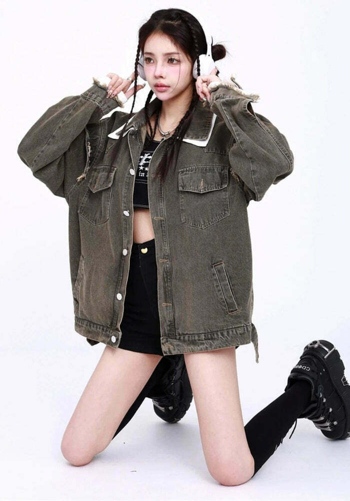 Y2K Grunge Oversized Denim Jacket - Vintage-Inspired Button-Up for Effortless Style