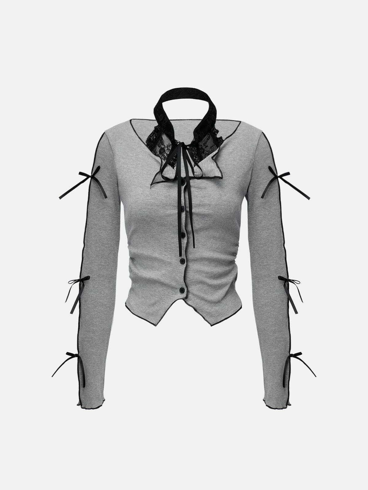 Y2K Grunge Ribbon Lace Long Sleeve Top for Effortless Summer Style and Retro Vibes