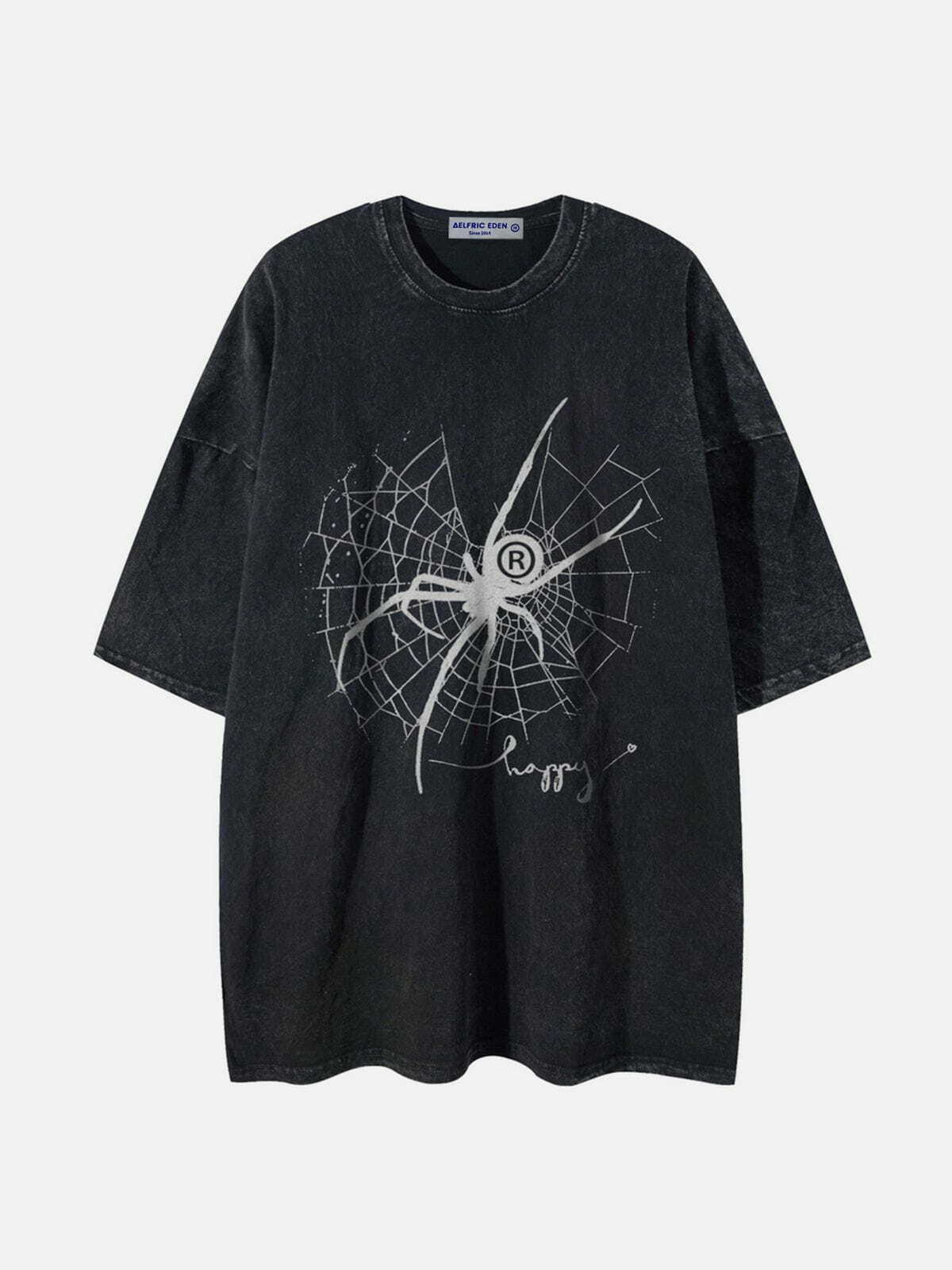 Y2K Grunge Spider Web Print Washed Tee - Retro 90s Summer Outfit Essential