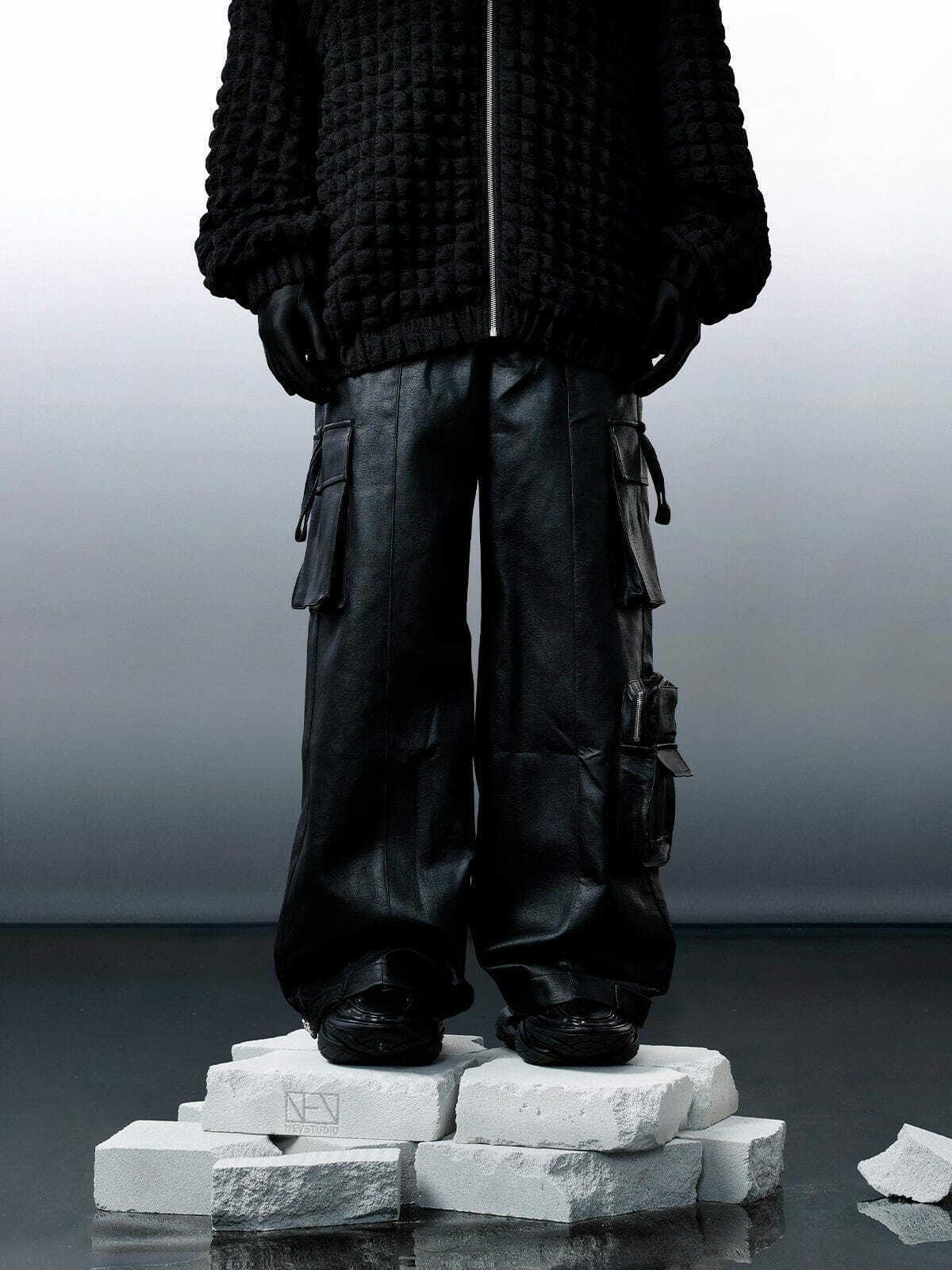 Y2K Grunge Wide Leg Pants with Big Pockets - Faux Leather Retro Style for Summer Outfits
