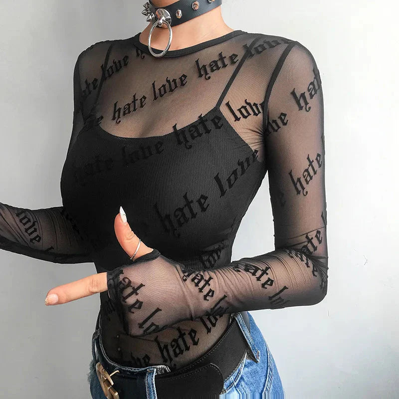 Y2K-Inspired Love Hate Sheer Mesh Top for Trendy Grunge and Aesthetic Outfits