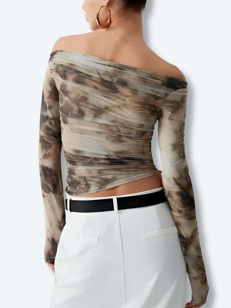 Y2K Off-Shoulder Ruched Mesh Top - Trendy Summer Fashion for Effortless Style