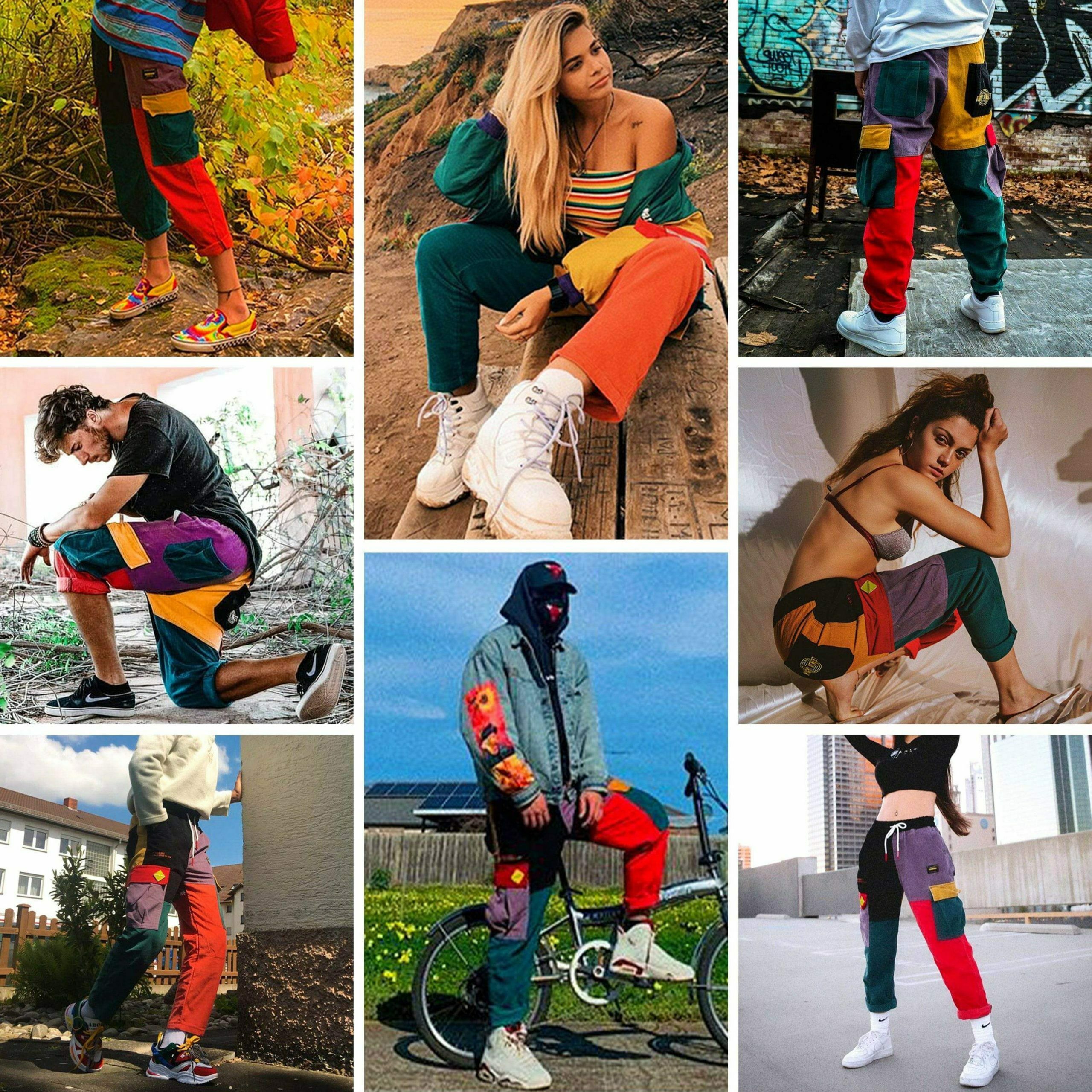 Y2K Patchwork Color Block Corduroy Pants - Retro 90s Grunge Style for Trendy Outfits