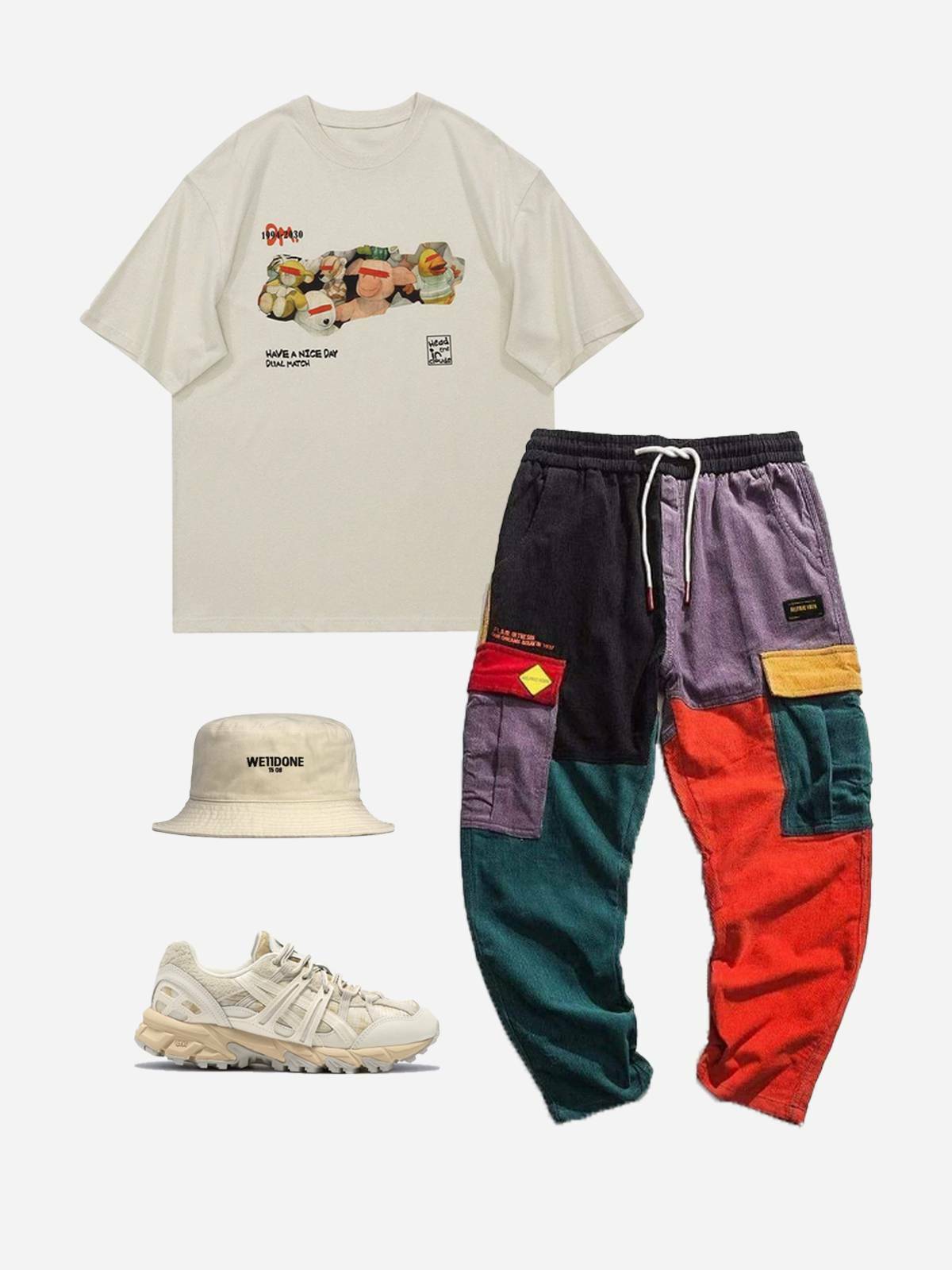 Y2K Patchwork Color Block Corduroy Pants - Retro 90s Grunge Style for Trendy Outfits