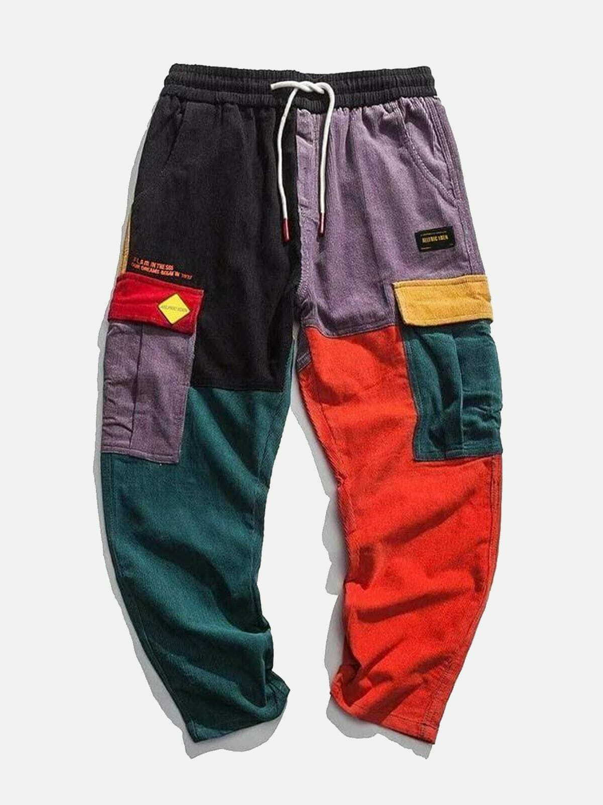 Y2K Patchwork Color Block Corduroy Pants - Retro 90s Grunge Style for Trendy Outfits