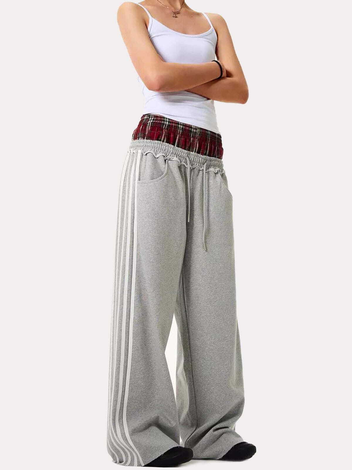 Y2K Plaid Patchwork Sweatpants - Trendy Grunge Style for Summer Y2K Outfits Women