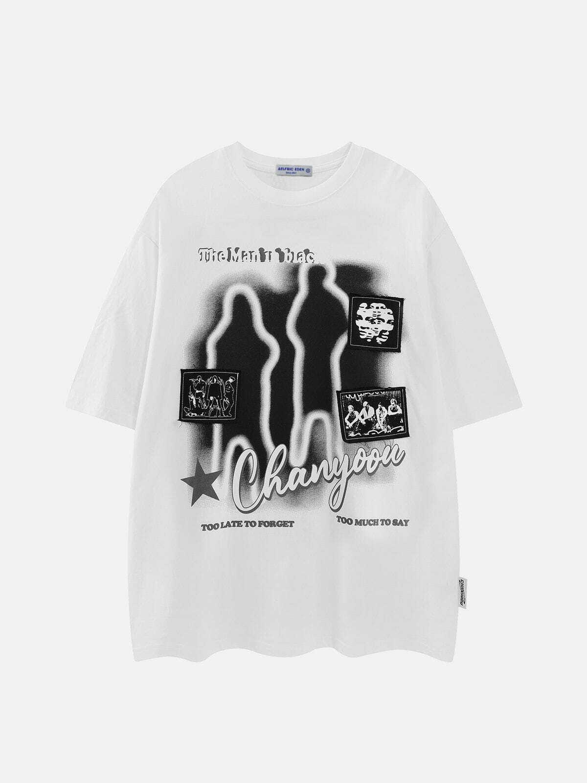 Y2K Shadow Print Tee: Retro Grunge Top for Summer Outfits & 90s Party Vibes