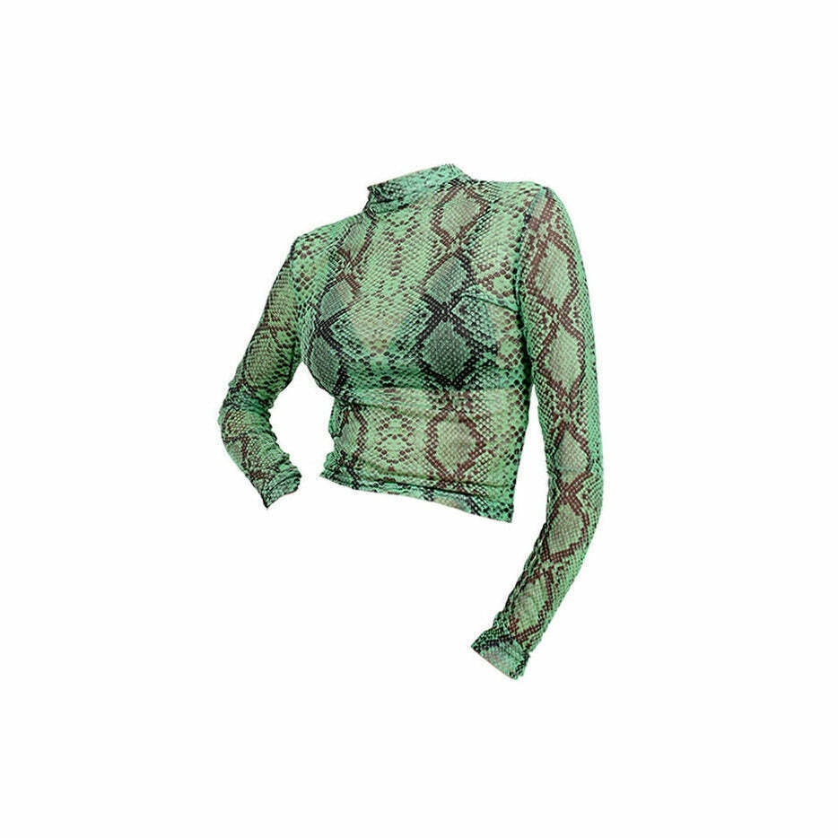 Y2K Snakeskin Mesh Top: Trendy Grunge Aesthetic for Summer Outfits and Night Out Looks