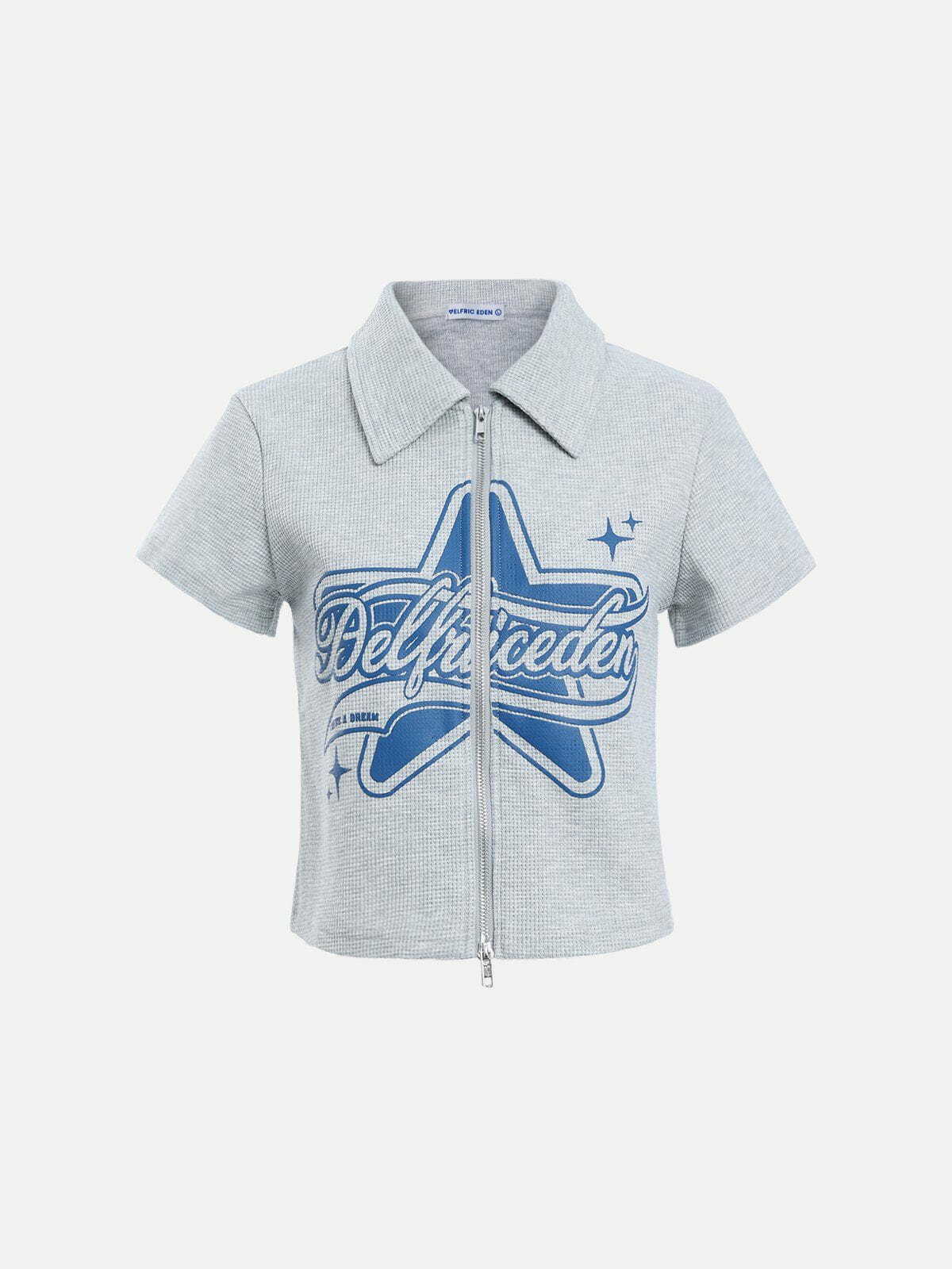 Y2K Star Print Fold-Over Waffle Tee - Trendy Summer Top for Retro Vibes & Grunge Style