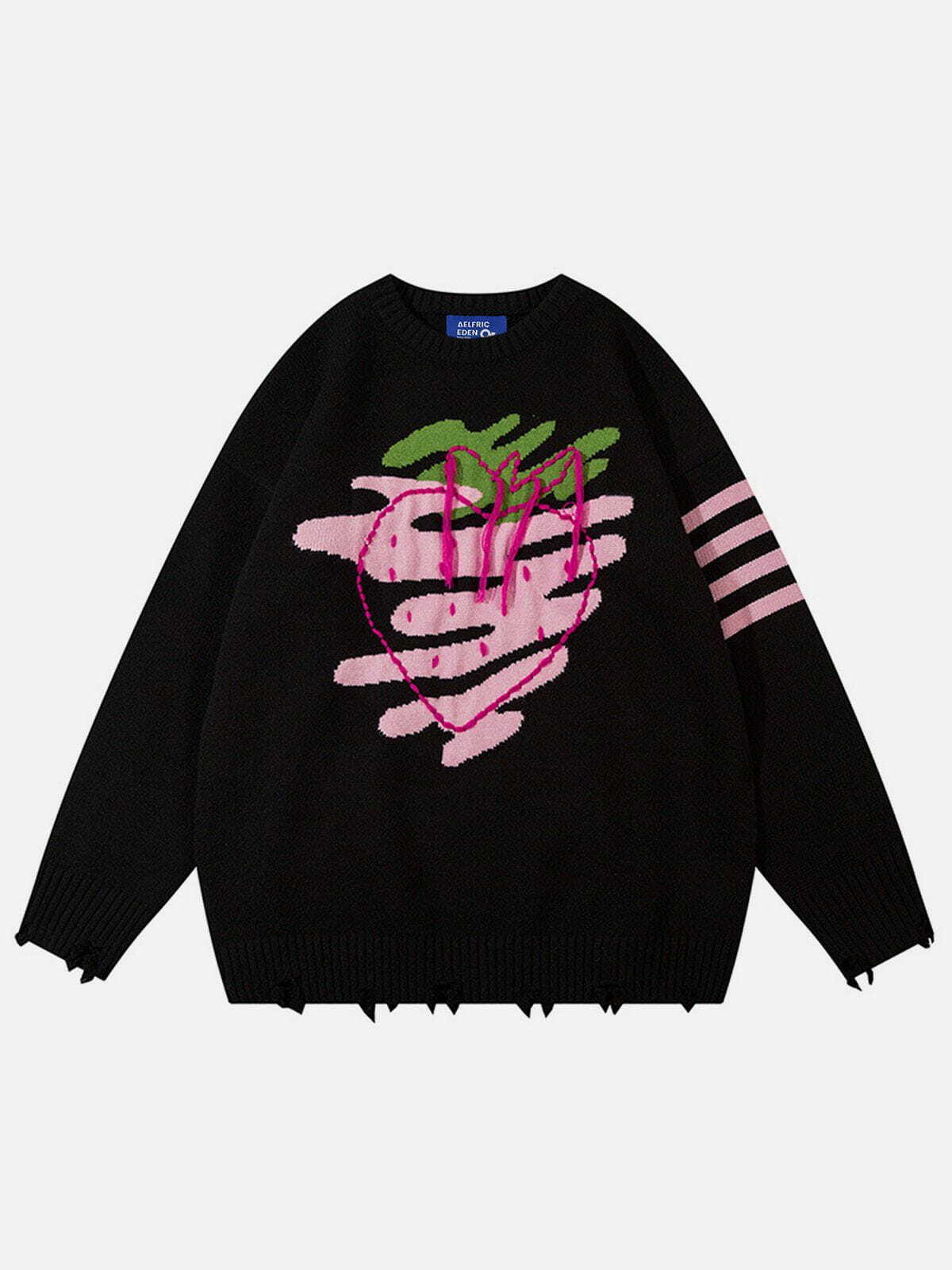 Y2K Strawberry Jacquard Crochet Sweater - Retro 90s Grunge Style for Summer Outfits