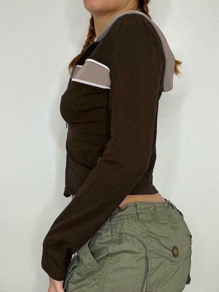 Y2K Vintage Color Block Hooded Jacket - Trendy Grunge Style for Effortless Summer Outfits