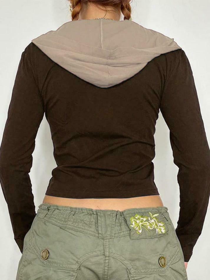 Y2K Vintage Color Block Hooded Jacket - Trendy Grunge Style for Effortless Summer Outfits