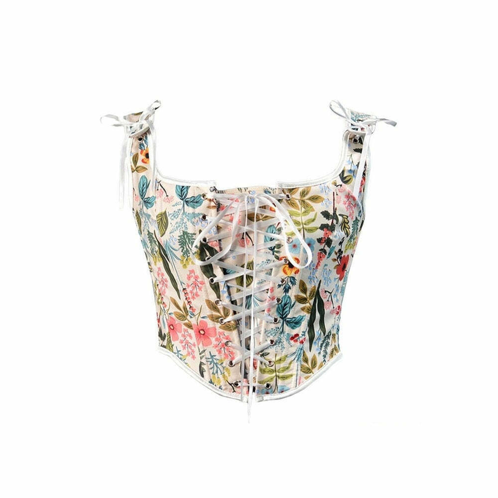 Y2K Vintage Floral Print Corset Top - Trendy Summer Outfit for a Chic Aesthetic