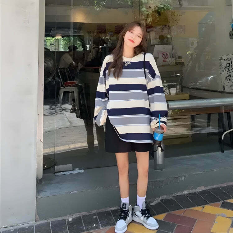 Y2K Vintage Striped Sweatshirt - Trendy Casual Top for Effortless Summer Style