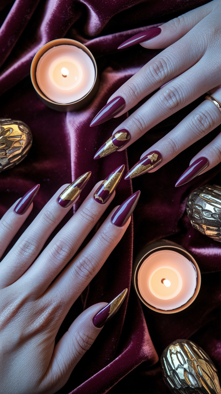 burgundy and gold nail designs outfit idea