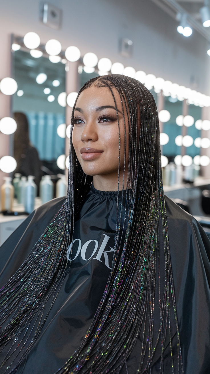 hair tinsel black hair outfit idea