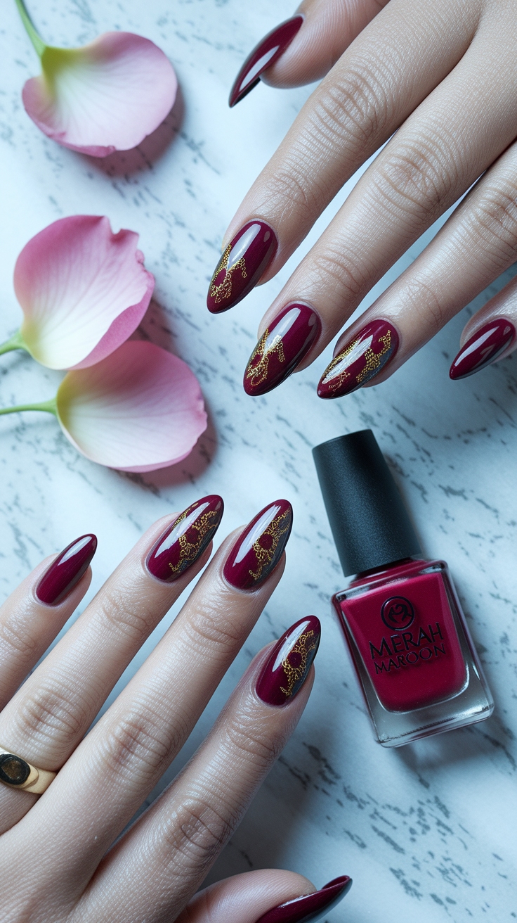 nail art merah maroon outfit idea