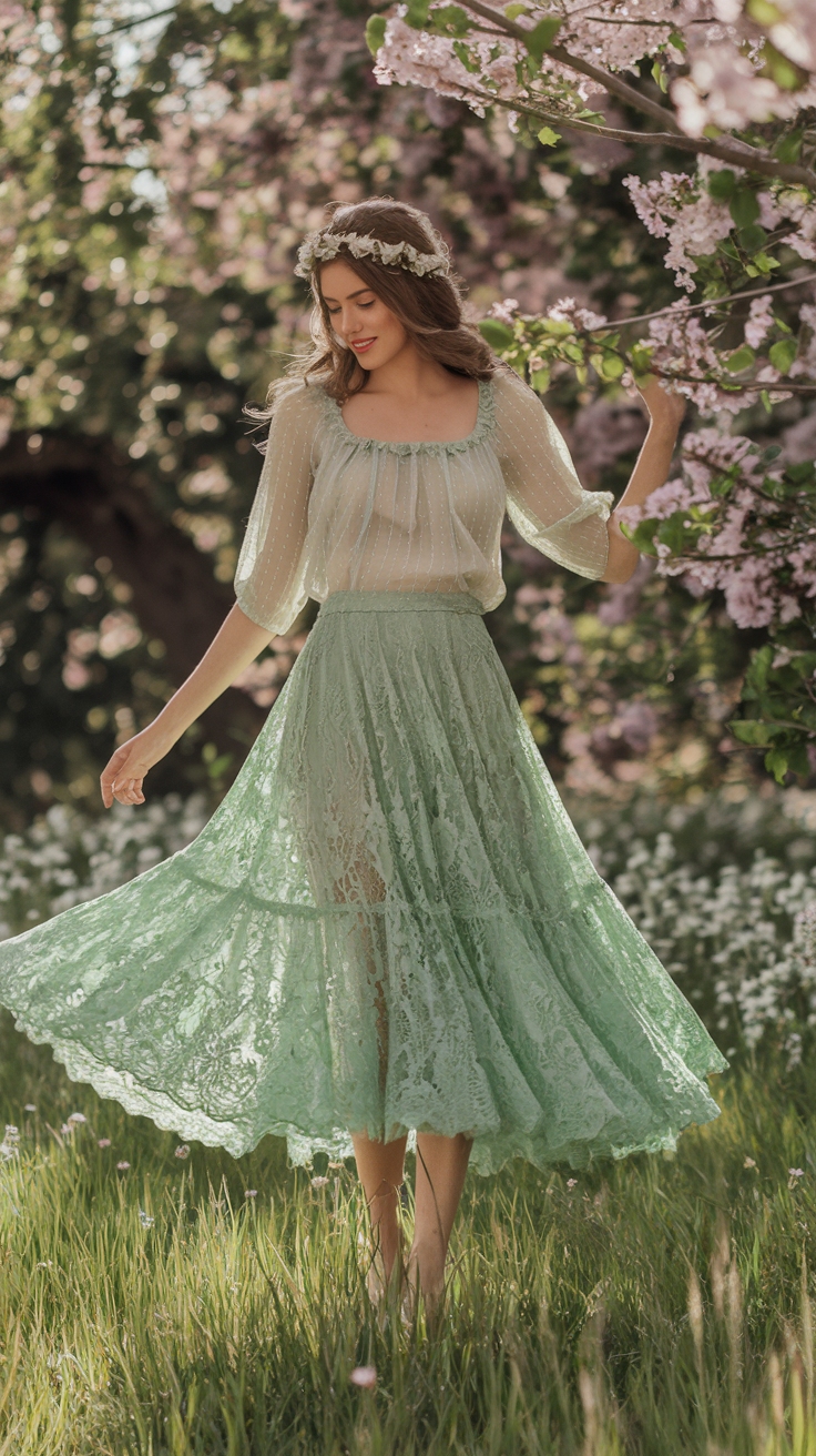 Green Lace Skirt Outfit: Perfect for Spring Events outfit idea