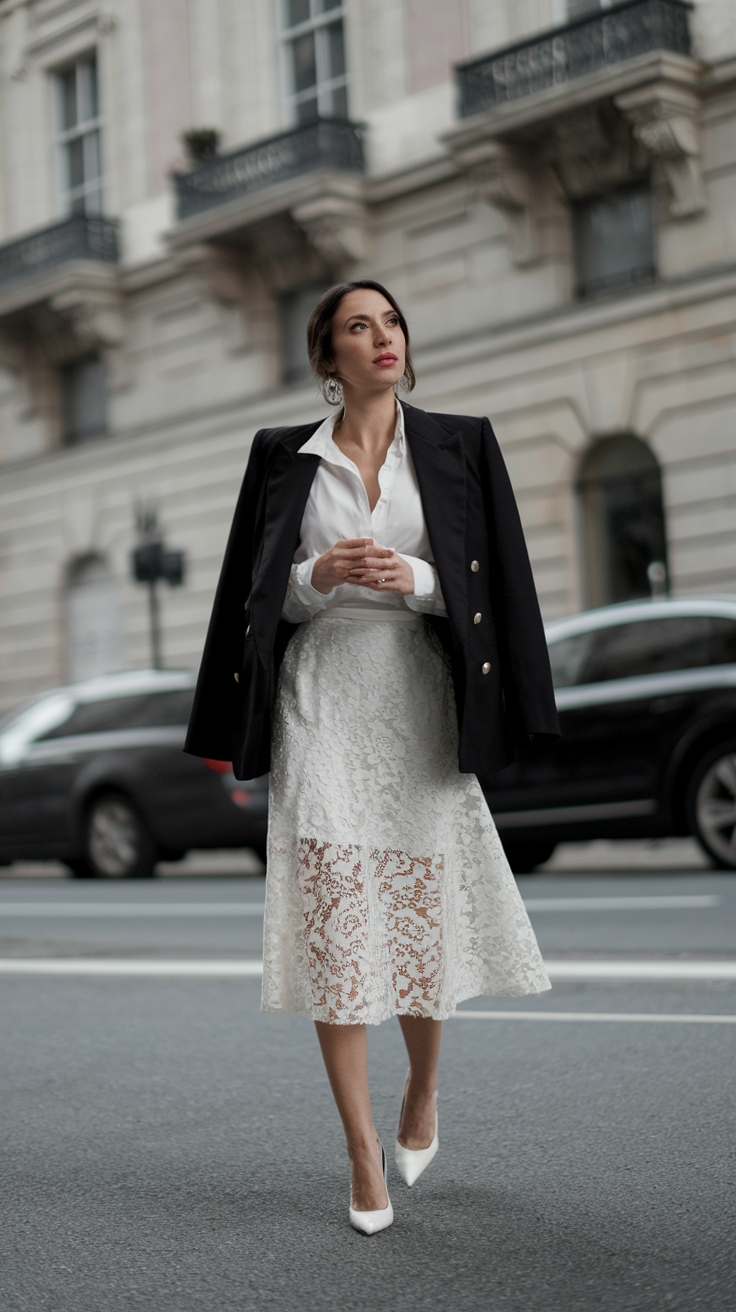 Styling a Lace Skirt and Blazer Outfit with Flair outfit idea