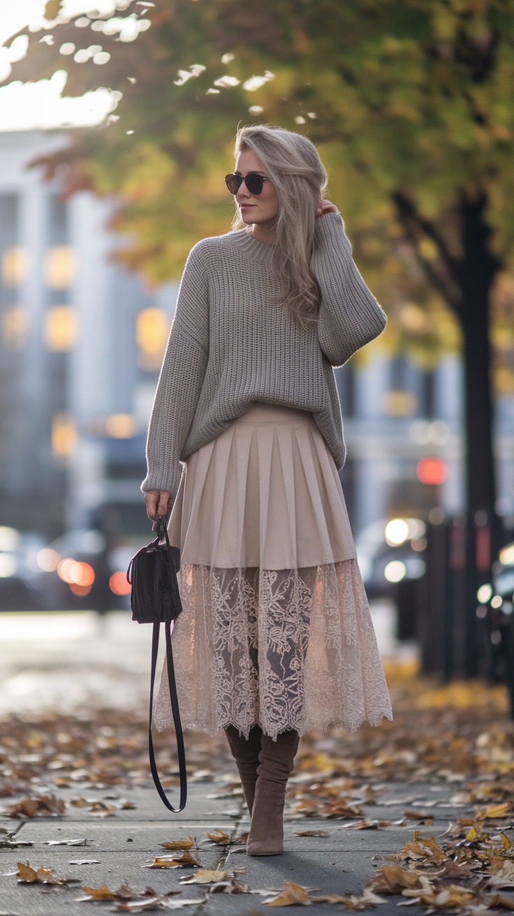 Lace Skirt and Sweater Outfit for Elegant Comfort outfit idea