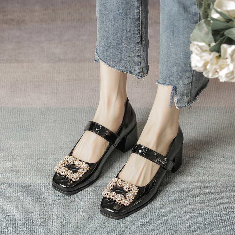 2025 Elegant Pearl Square Buckle Mary Jane Shoes for Women, Chunky Mid-Heel Rhinestone Flats, Fairy Style