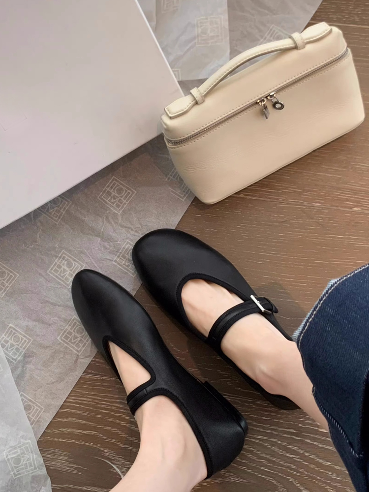 2025 Spring Summer Black Cowhide Flat Ballet Mary Jane Shoes for Women - Soft-Sole Elegant Comfort Footwear