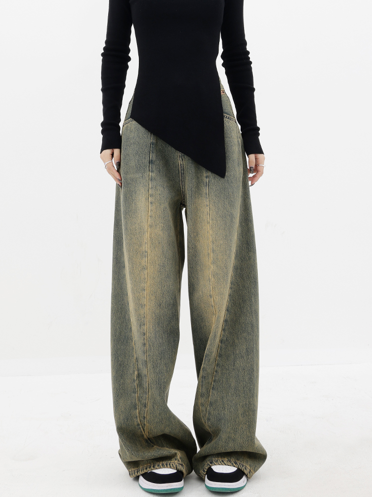 2025 Spring Women's Unique Floor-Length Wide-Leg Jeans - Straight Loose Fit, Trendy Casual Pants