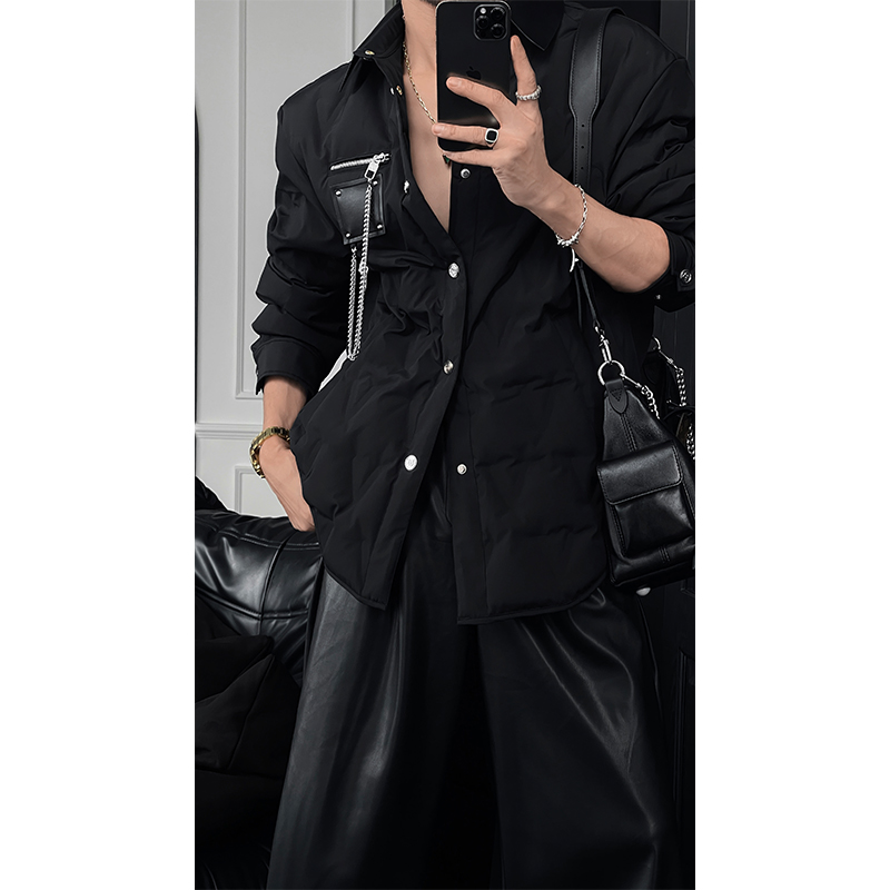 90% White Duck Down Jacket with Chain Decoration - Long Shirt-Style Coat for Winter 2024, Trendy 90s Inspired Outerwear