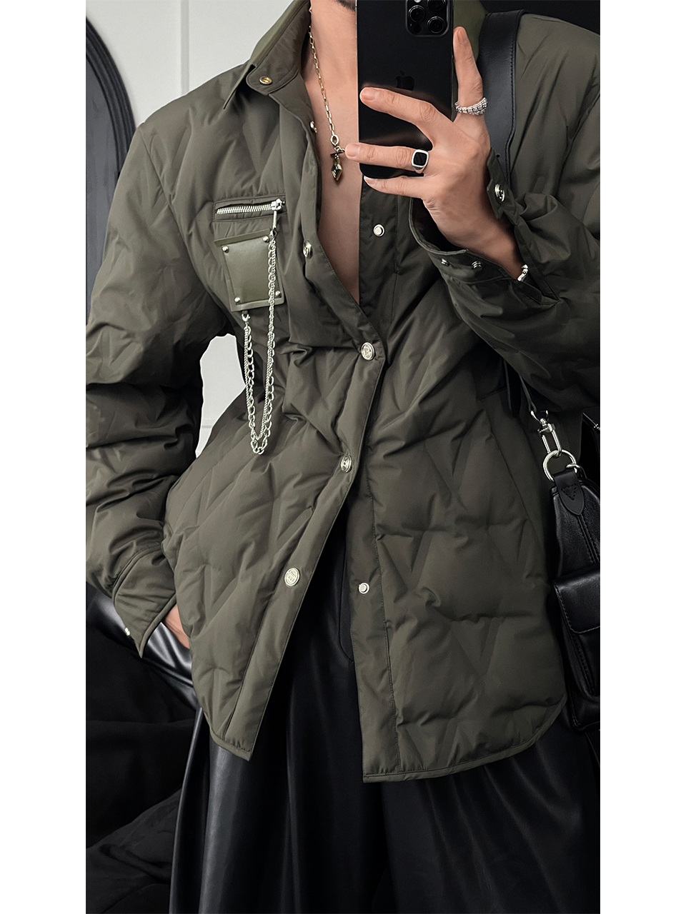 90% White Duck Down Jacket with Chain Decoration - Long Shirt-Style Coat for Winter 2024, Trendy 90s Inspired Outerwear