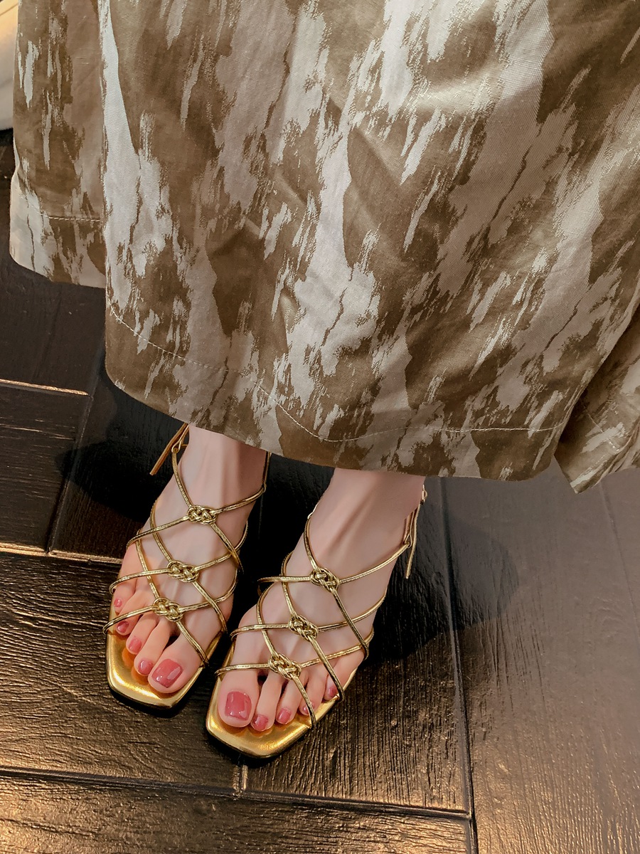 Aegean Sea French Vacation Style Knotted Golden Open-Toe Sandals for Women - Retro Woven Mid-Heel Roman Shoes 3cm
