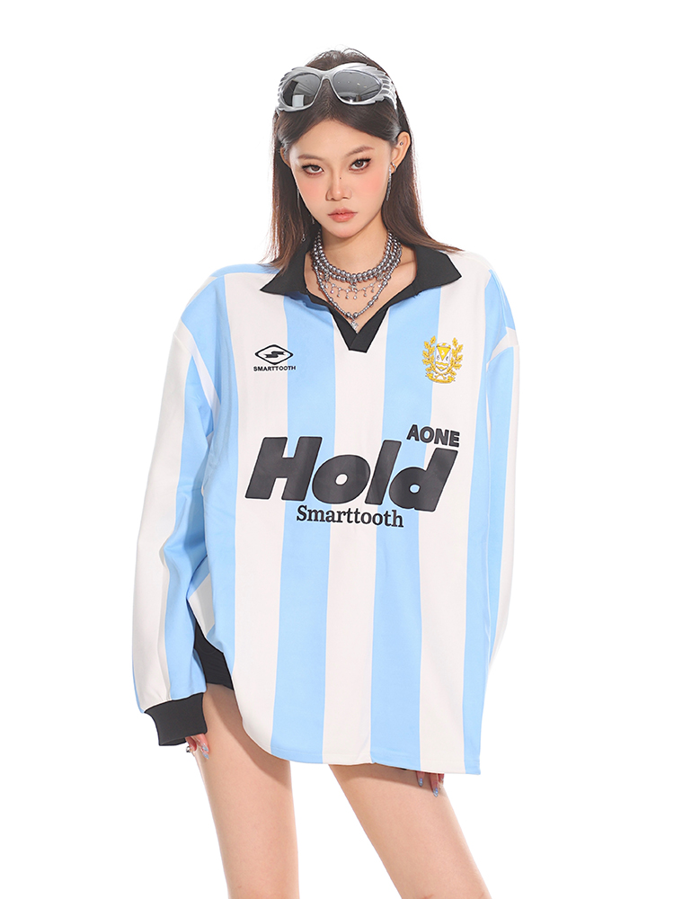American Retro Color-Blocking Striped Loose Polo T-Shirt - Jersey Style for Early Autumn Couples