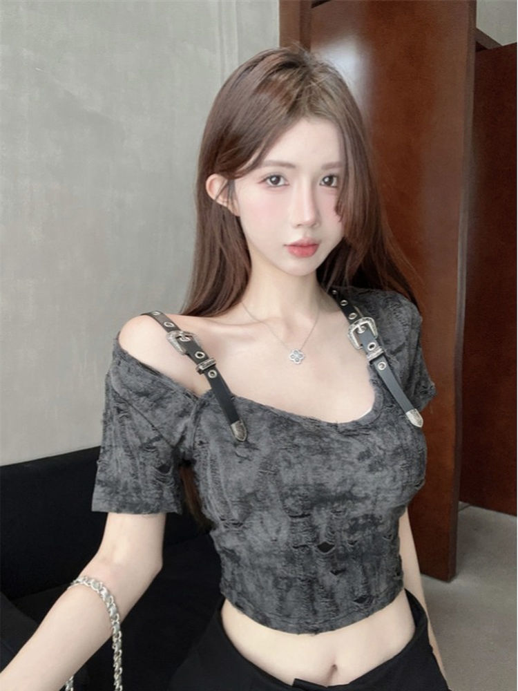 American-Style Apocalyptic Short-Sleeve T-Shirt for K-Pop Girls, Jazz Dance Slim Fit Top