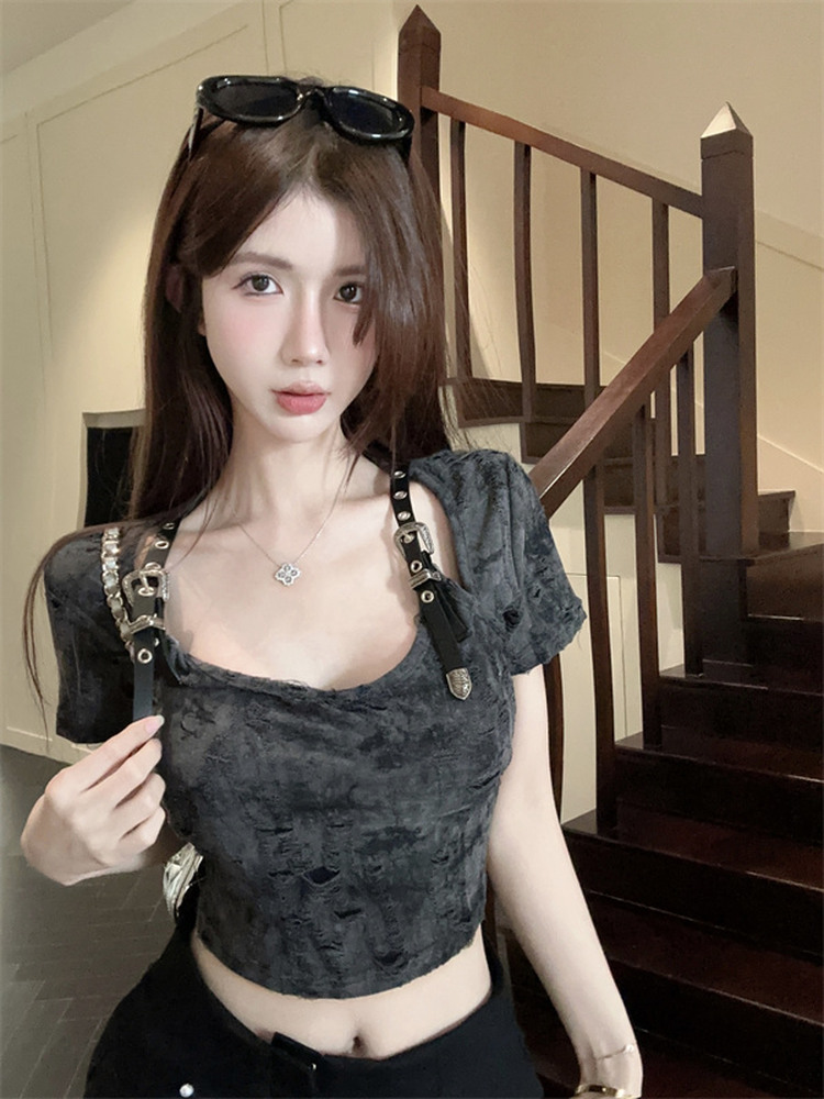 American-Style Apocalyptic Short-Sleeve T-Shirt for K-Pop Girls, Jazz Dance Slim Fit Top