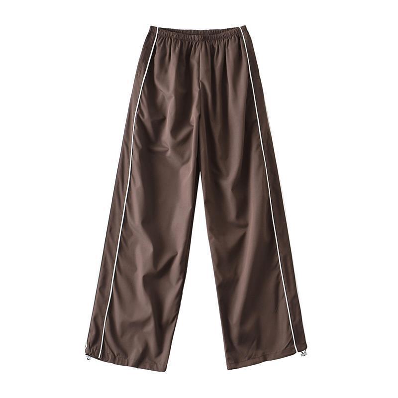 American Vintage Patchwork Mesh Short Top with Casual Brown Quick-Dry Wide-Leg Dance Pants - Y2K Inspired Sportswear Set