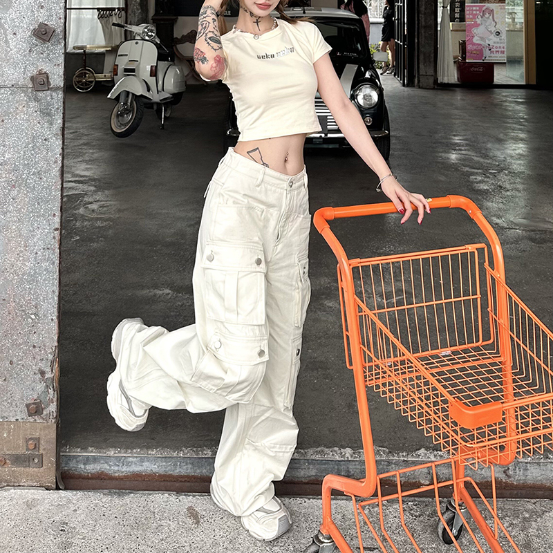 American Vintage Work Pants for Men and Women, Multi-Pocket Loose Straight Casual Paratrooper Pants, Y2K Style