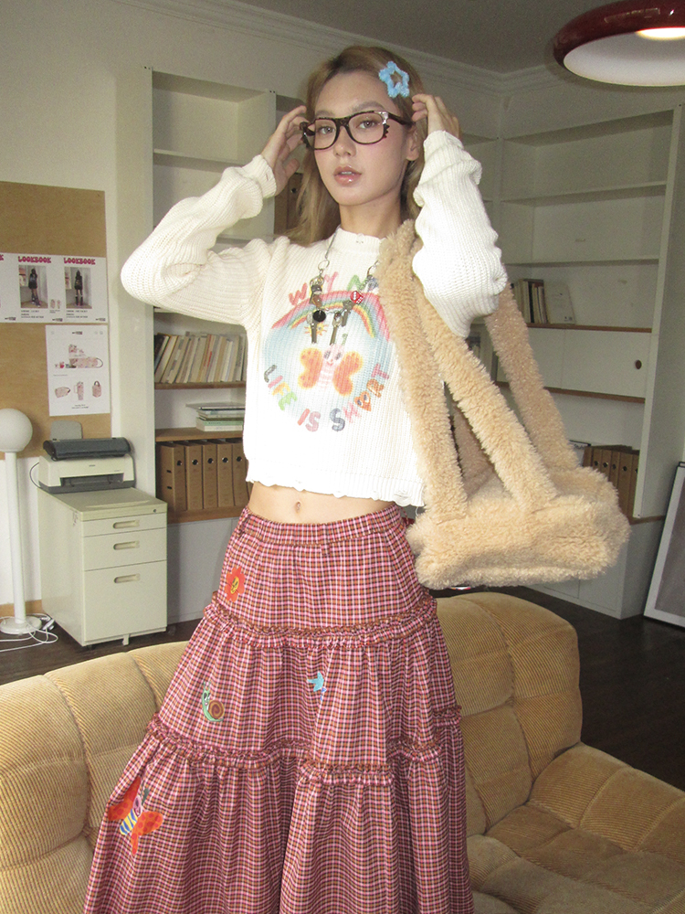 Angel Demon Print White Cotton Short Knit Sweater - Artist Original, Y2K Aesthetic, Cozy Fashion Top
