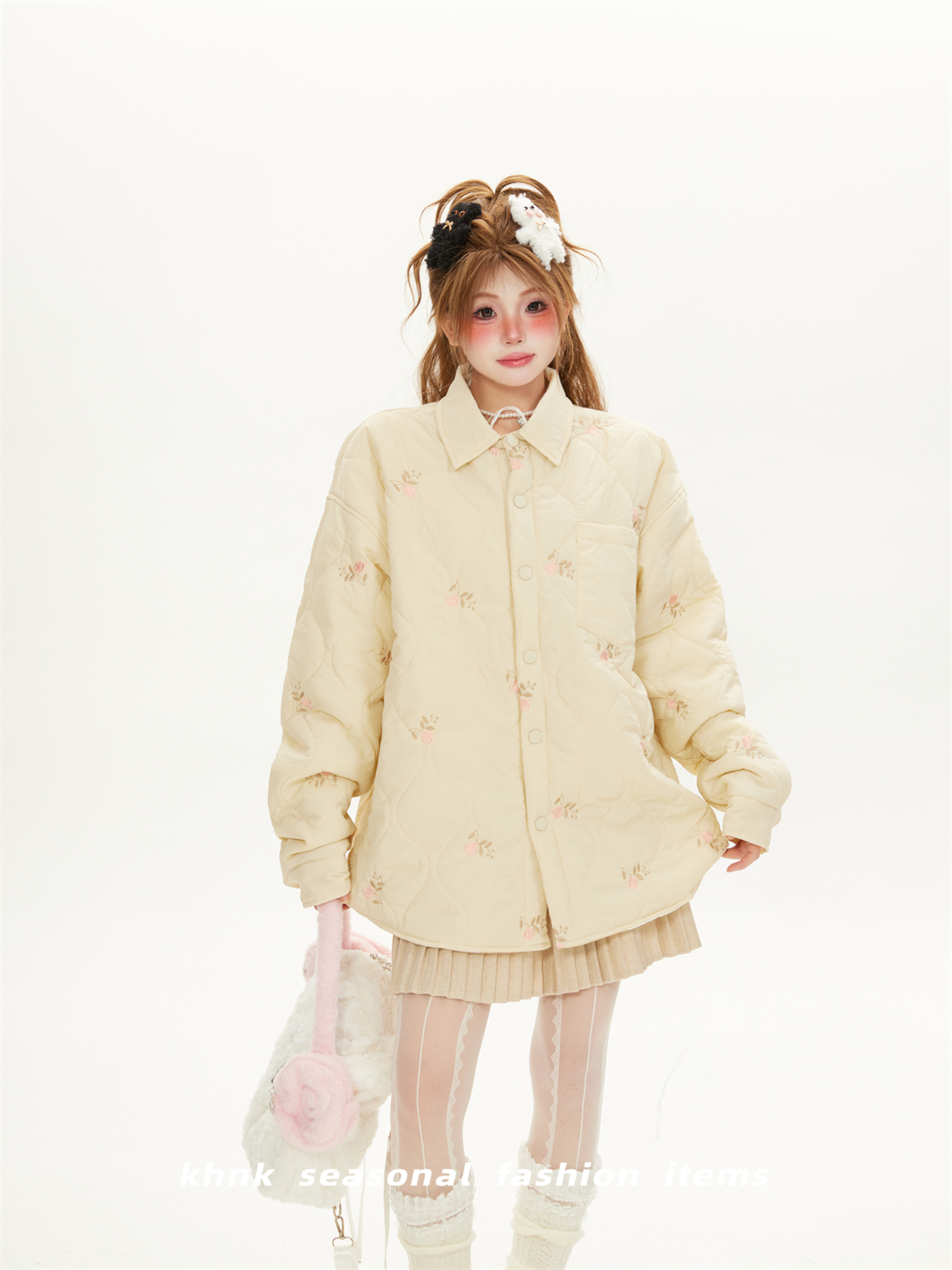 Apricot Floral Embroidered Houndstooth Cotton Coat - Women's Japanese Retro Lapel Jacket, Slim Fit Winter Outerwear
