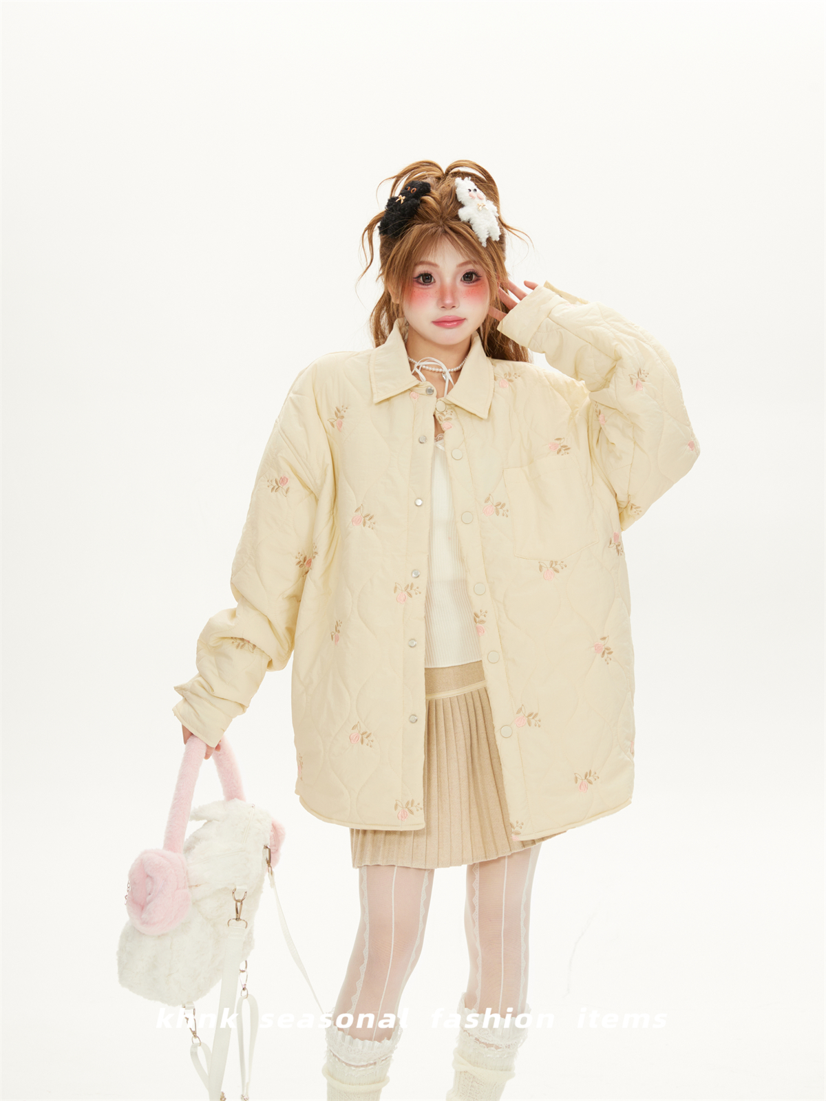 Apricot Floral Embroidered Houndstooth Cotton Coat - Women's Japanese Retro Lapel Jacket, Slim Fit Winter Outerwear