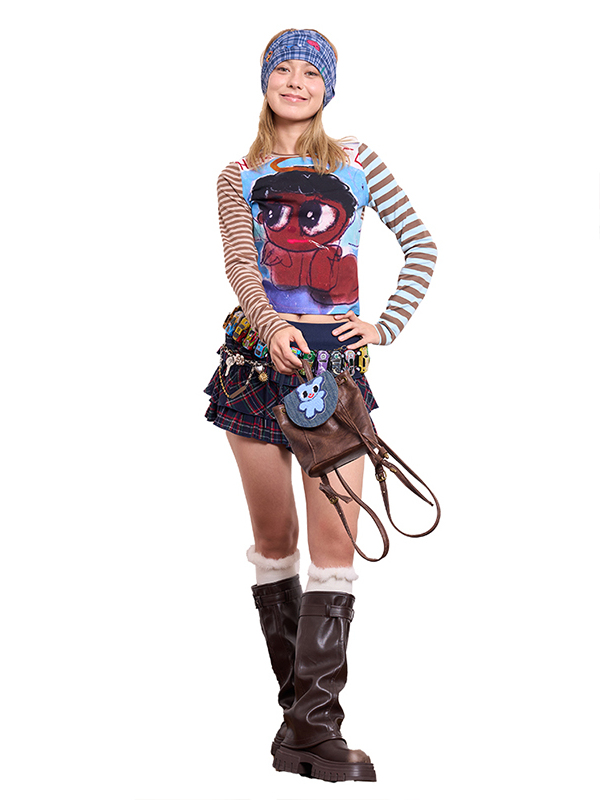 Artist Blue Bear & Cherry Print Backpack - Cute Y2K Style Bag for School and Daily Use