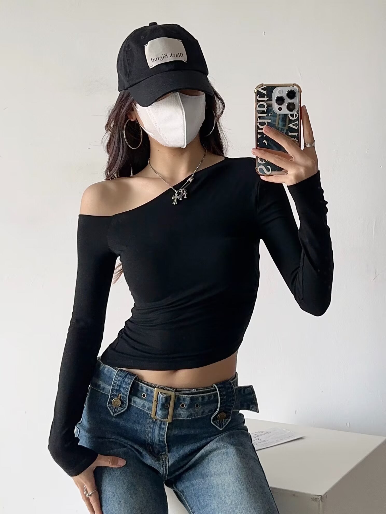 Asymmetrical Black Long Sleeve T-Shirt for Women - Sexy Irregular Shoulder Design, Slim Fit, Perfect for Spring Jazz Dance Style