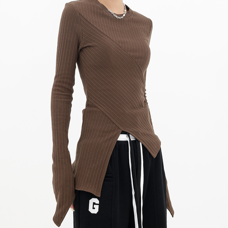 Autumn Winter Womenâ€™s Long Sleeve Split Knit T-Shirt - Irregular Slim Fit Layering Top, Casual Essential, Y2K Style