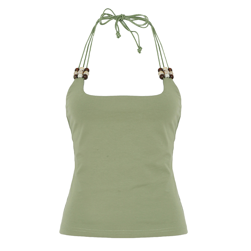 Backless Halter Top - Retro Bohemian Beaded Green Short Top for Women - European American Style, Perfect for Y2K Fashion