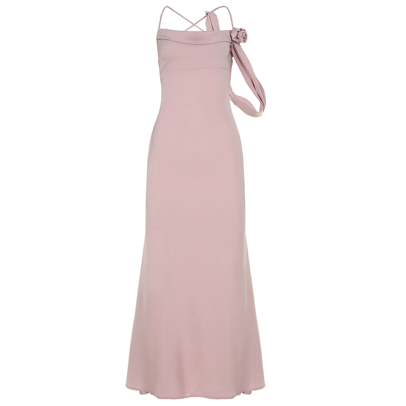 Backless Sling Long Dress in Lotus Pink with Three-Dimensional Rose, Mermaid Style, Elegant Design for Evening Wear, Y2K Fashion