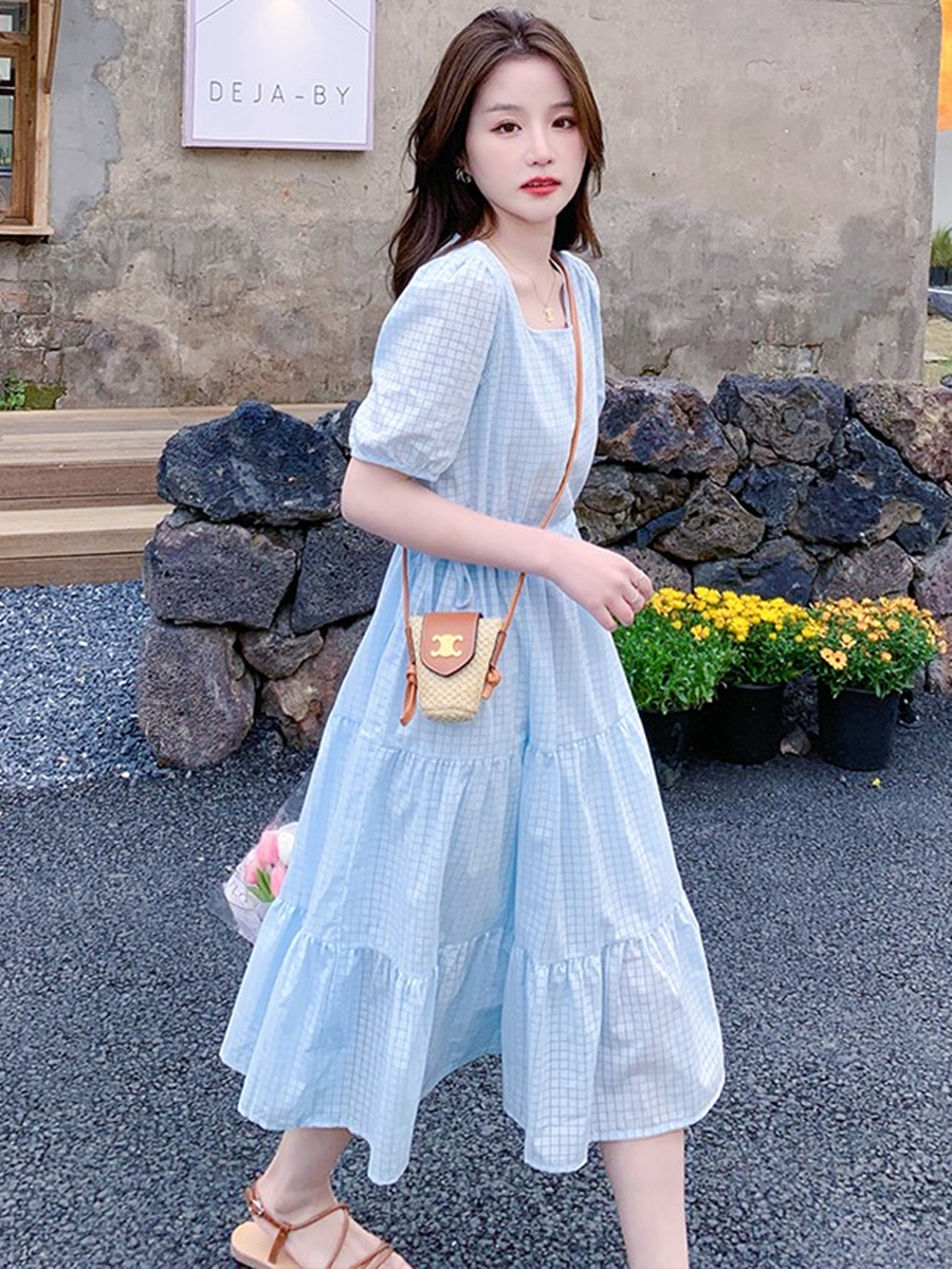 Beautiful Blue Chiffon Dress for Women - Summer 2025 Long French Vacation Style, Youthful & Trendy Fashion for 90s Inspired Looks