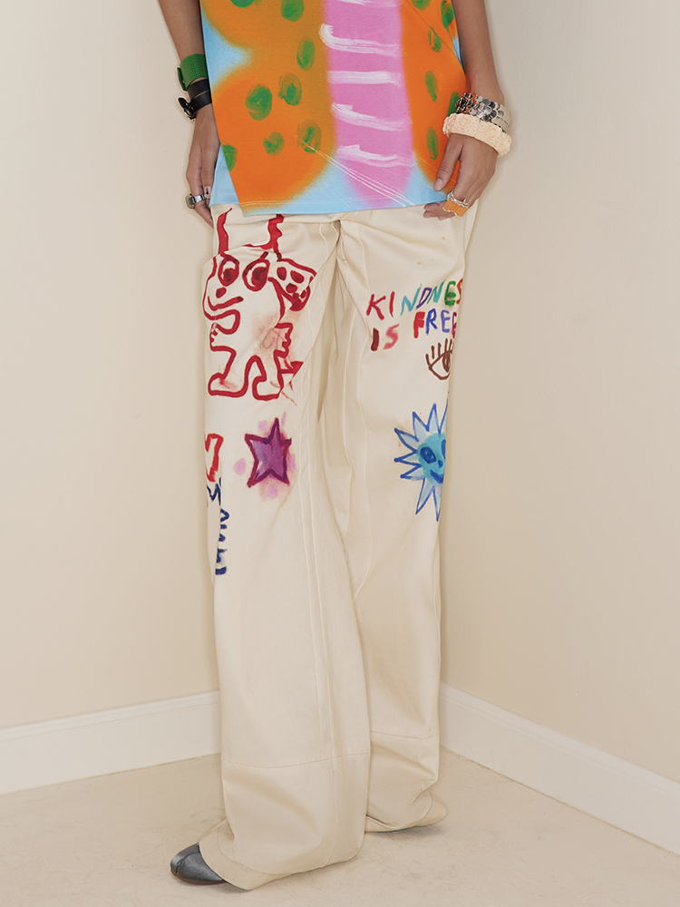 Beige Graffiti Print Floor-Length Straight High-Waisted Jeans - Artist Original, Urban Style, Trendy Streetwear Fashion