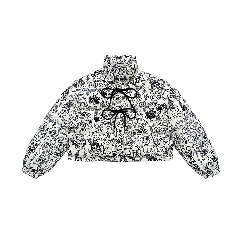 Black and White Graffiti Print Lace-Up Short Cotton Jacket - Urban Street Style, Artist Original Design, Trendy 90s Inspired Fashion