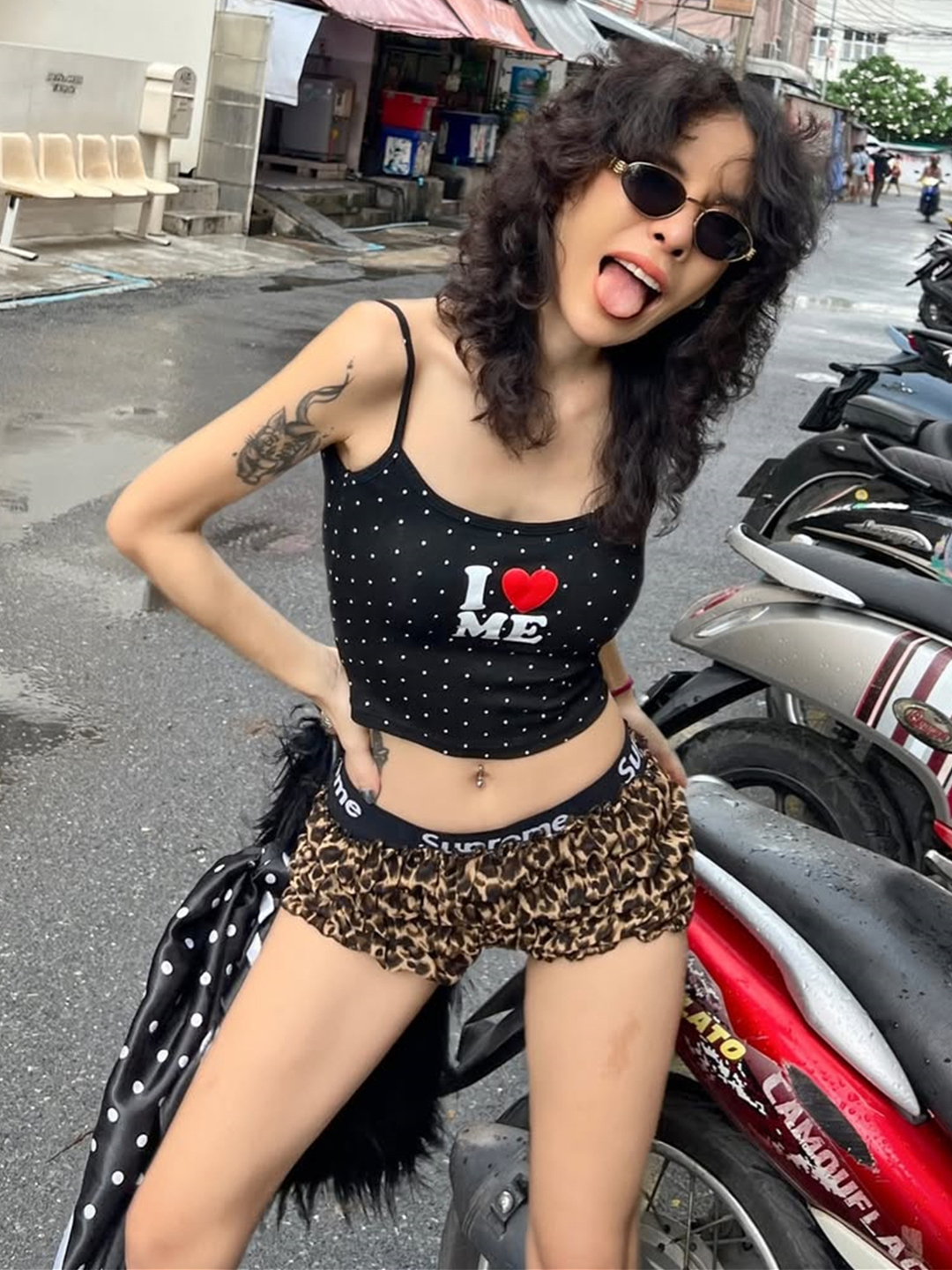 Black and White Polka Dot Letter Love Heart Printed Camisole - Women's Summer Street Fashion Versatile Short Top