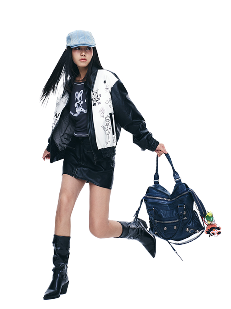 Black and White Printed Leather Motorcycle Jacket with Punk Collar - Trendy Artist Design