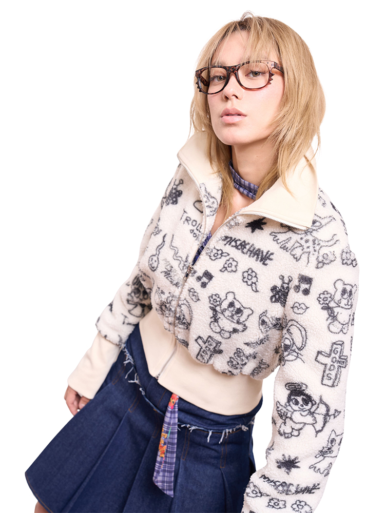 Black and White Printed Plush Short Coat with Lapel - Artist Original Short Plush Jacket for Trendy Style